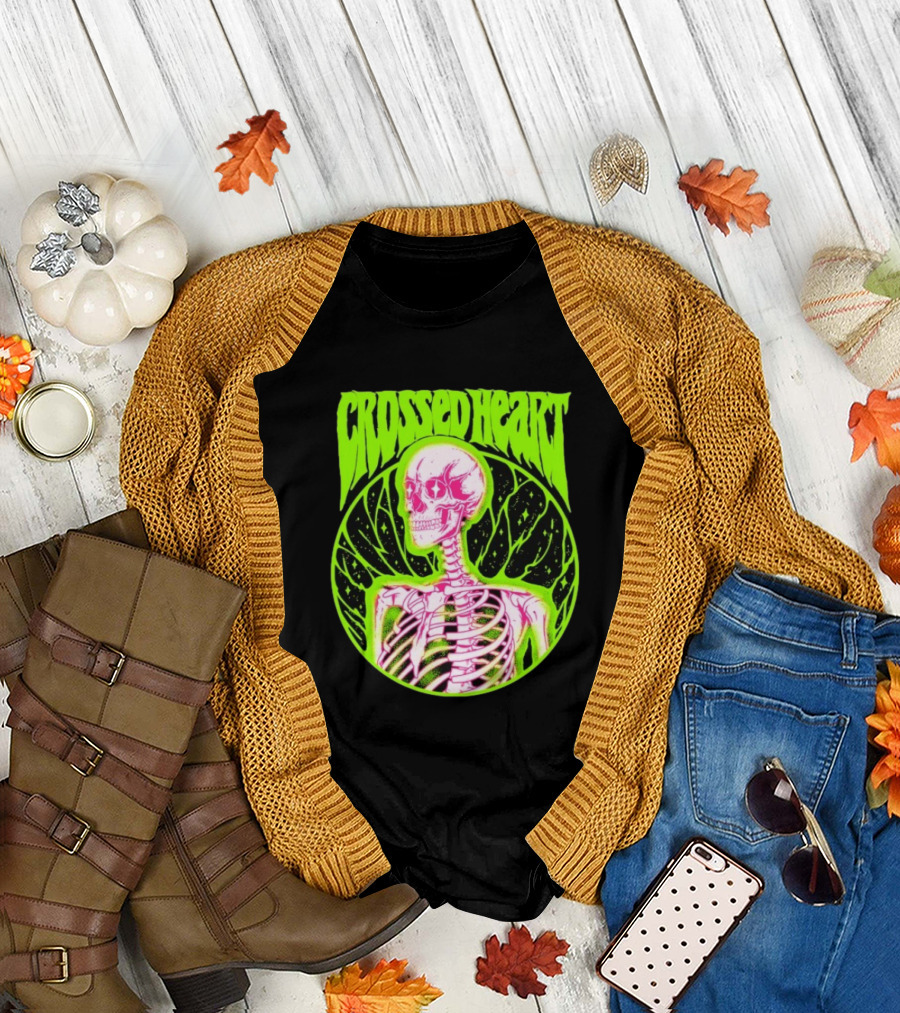 Crossed Heart Skeleton Neon Illustration T-Shirt