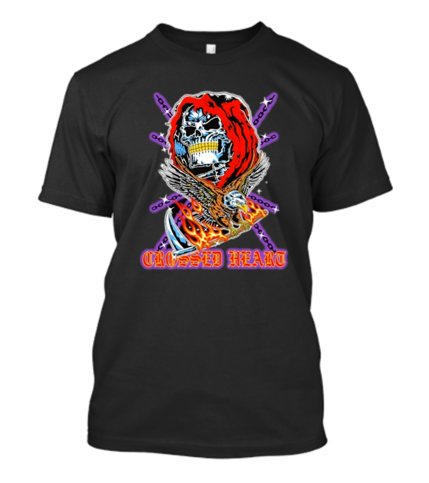 Crossed Heart No Mercy Skull Eagle Flames Chains T-Shirt