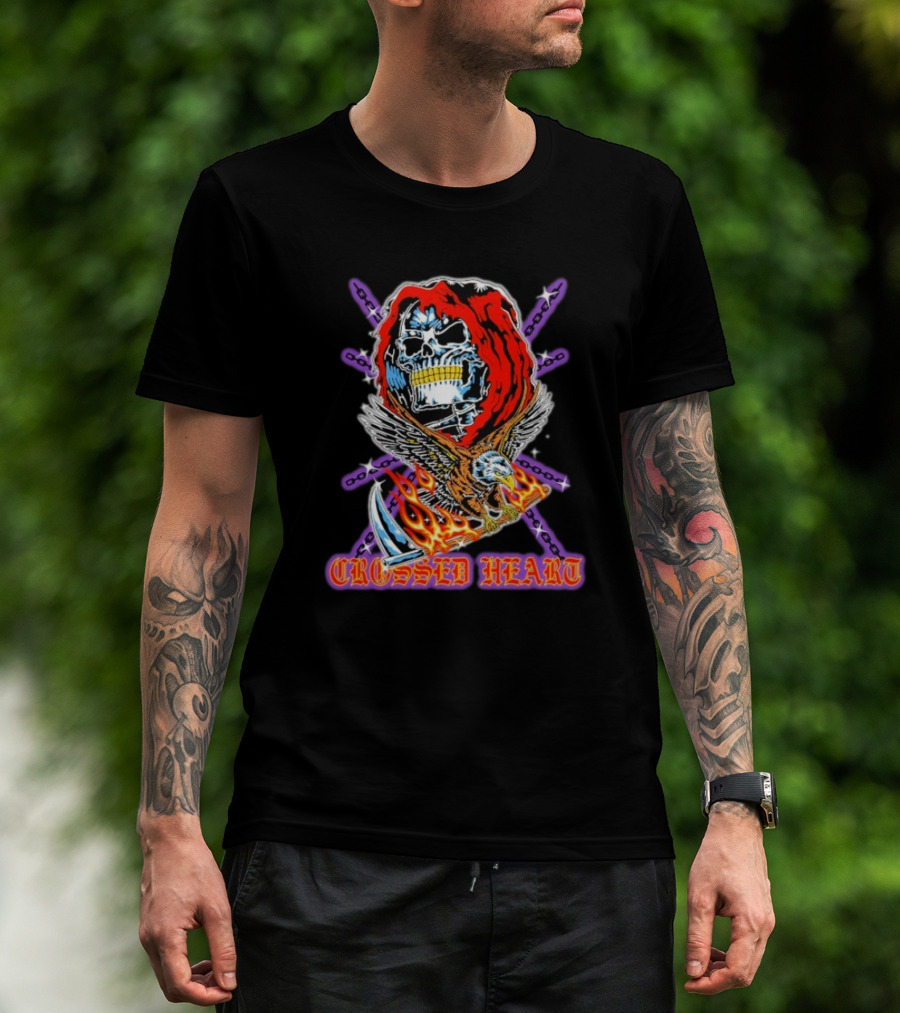 Crossed Heart No Mercy Skull Eagle Flames Chains T-Shirt