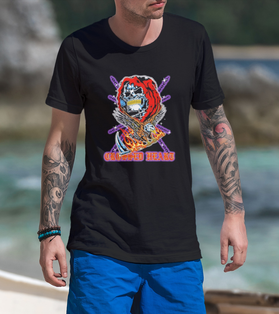 Crossed Heart No Mercy Skull Eagle Flames Chains T-Shirt
