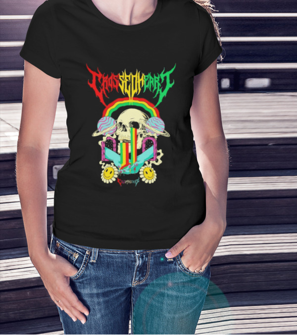 Crossed Heart Skull With Rainbow And Smiley Faces T-Shirt