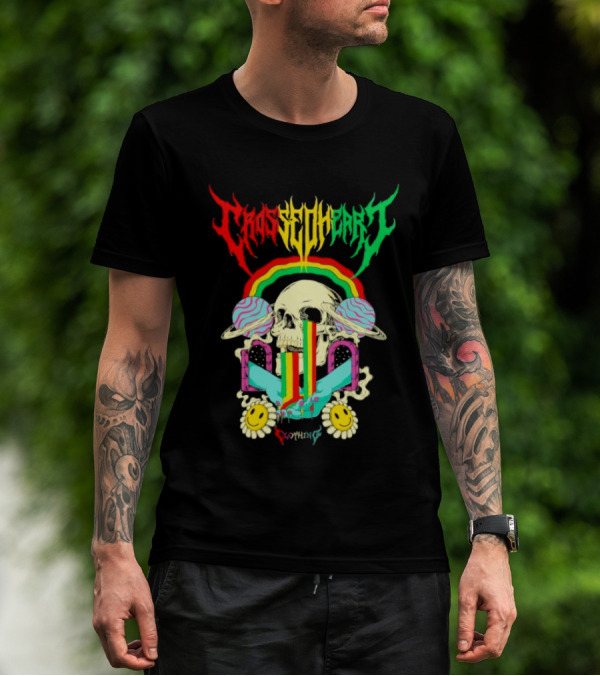 Crossed Heart Skull With Rainbow And Smiley Faces T-Shirt
