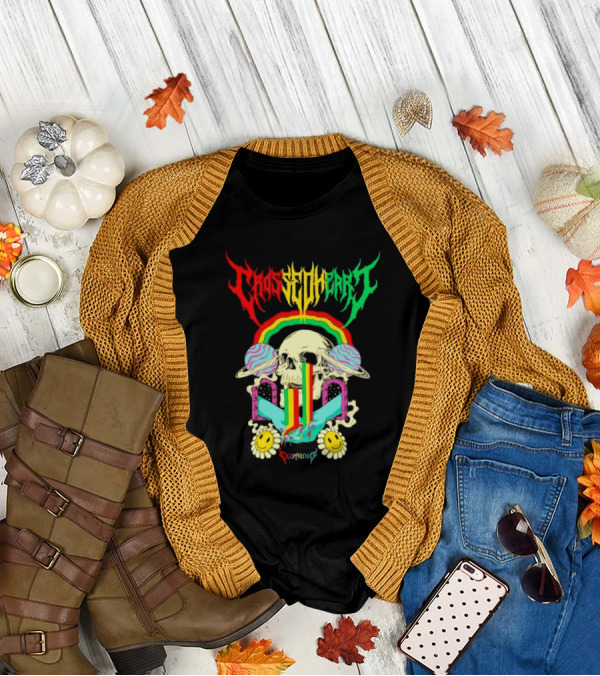 Crossed Heart Skull With Rainbow And Smiley Faces T-Shirt