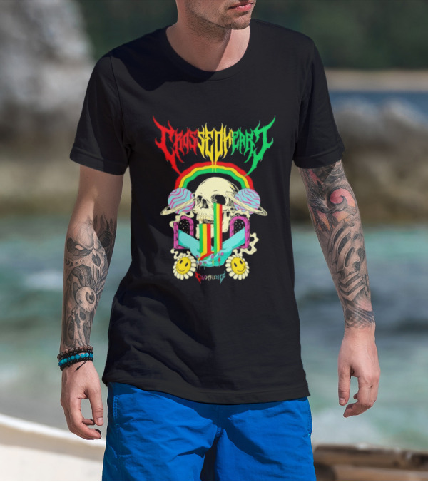 Crossed Heart Skull With Rainbow And Smiley Faces T-Shirt