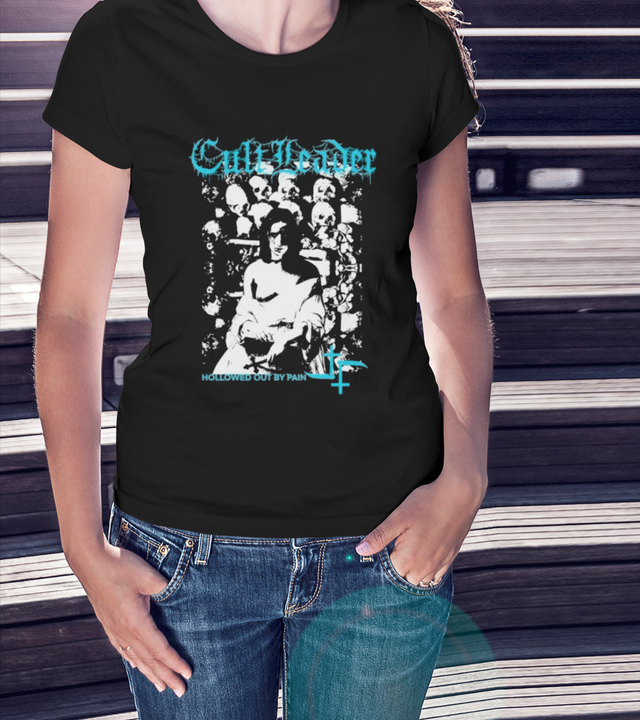 Cult Leader Hollowed Out By Pain Distorted Portrait With Inverted Cross Symbol T-Shirt