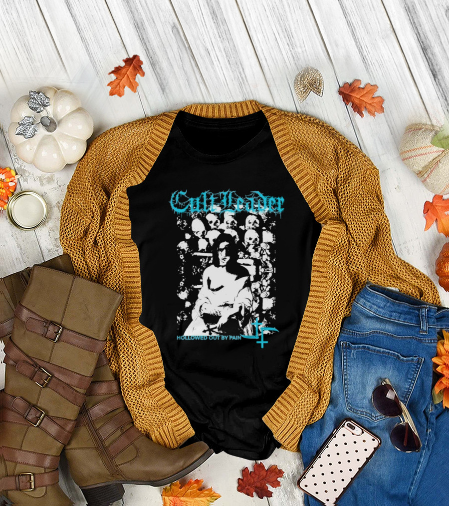 Cult Leader Hollowed Out By Pain Distorted Portrait With Inverted Cross Symbol T-Shirt