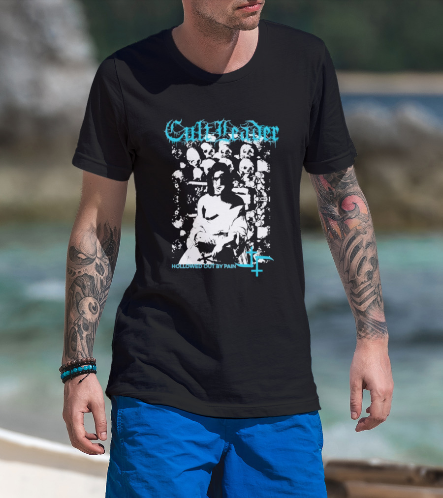 Cult Leader Hollowed Out By Pain Distorted Portrait With Inverted Cross Symbol T-Shirt