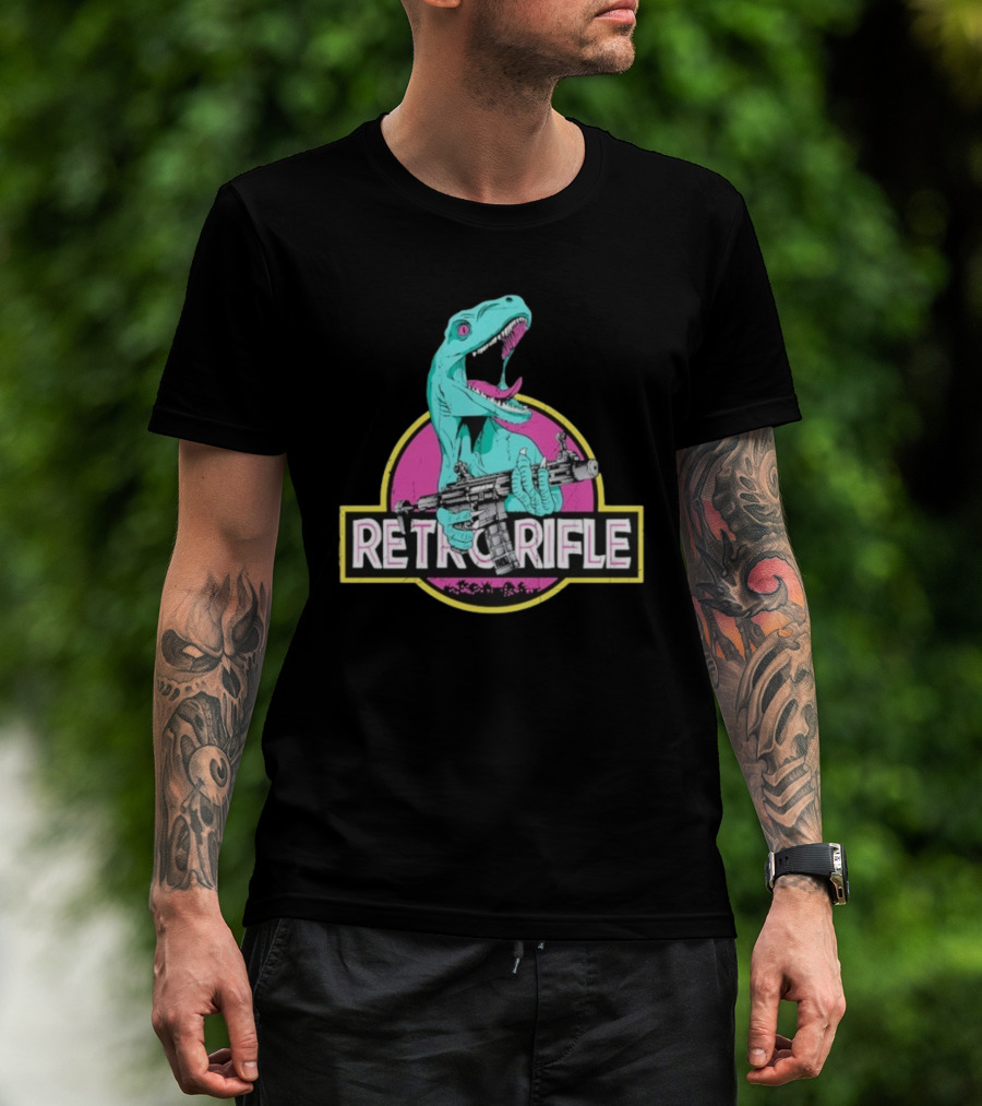 Retro Rifle Dinosaur Holding Gun Vintage Style T-Shirt