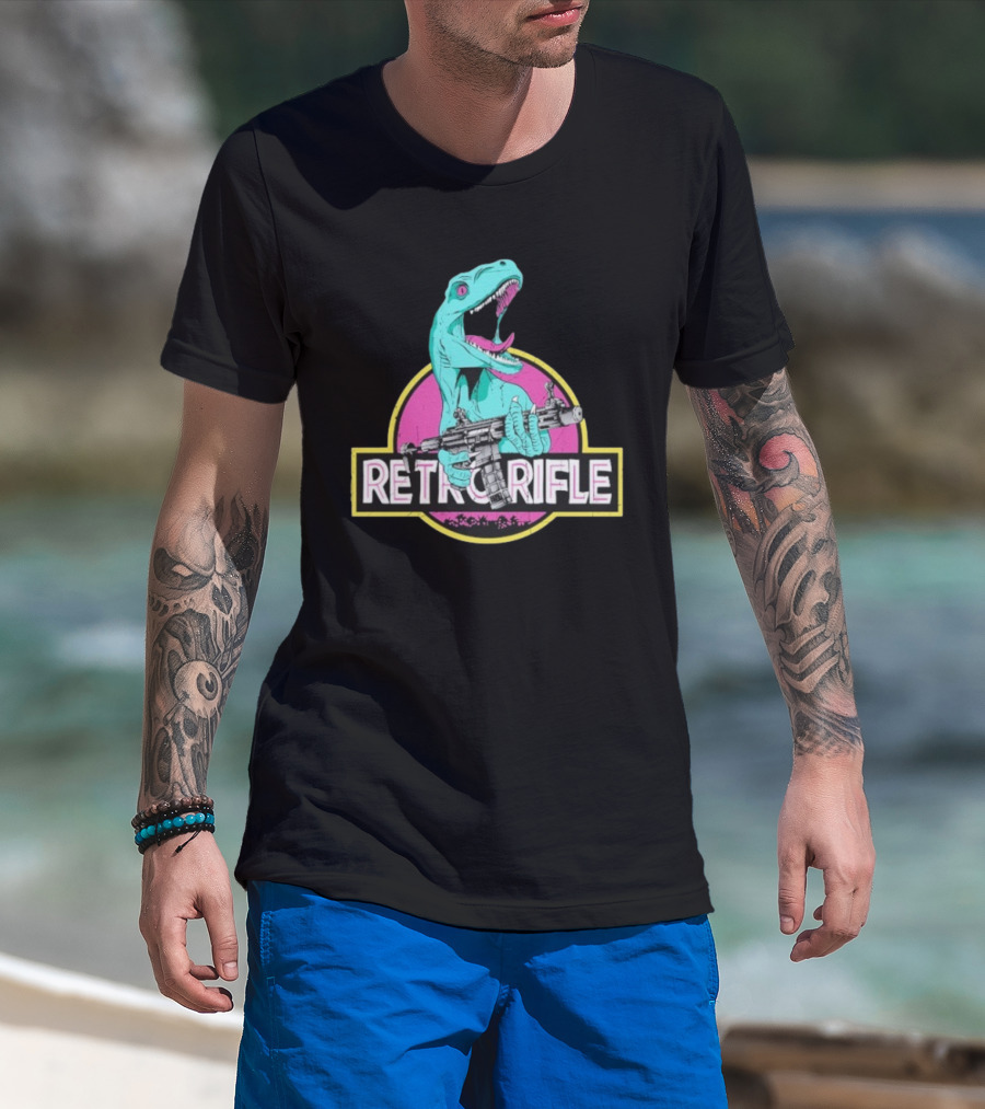 Retro Rifle Dinosaur Holding Gun Vintage Style T-Shirt