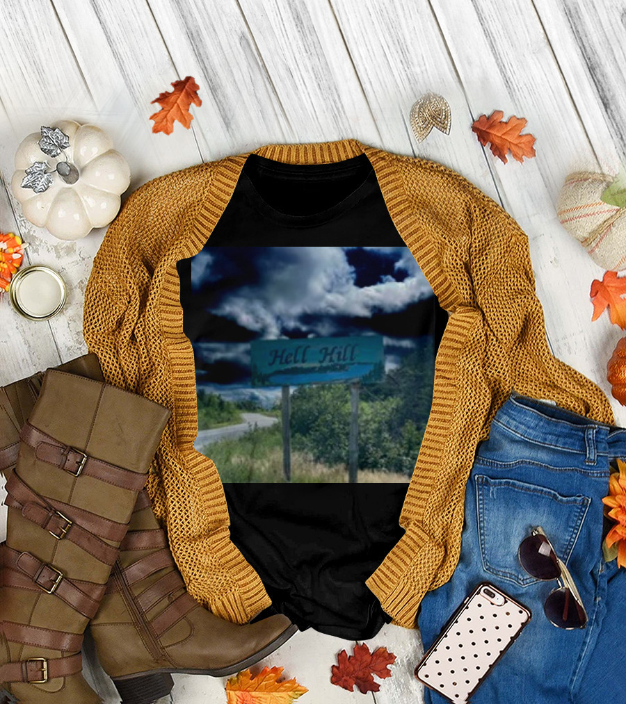 Hell Hill Scenic Roadside Sign Under Dramatic Sky T-Shirt
