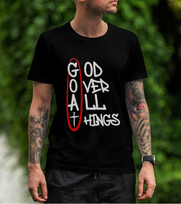 GOAT God Over All Things Sword Cross Graphic Red Oval T-Shirt