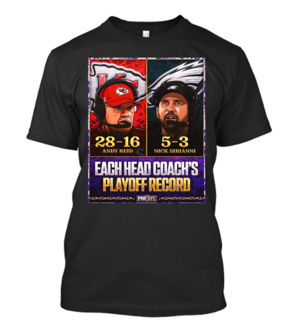 FOX NFL Andy Reid Chiefs 28-16 Nick Sirianni Eagles 5-3 Playoff Record T-Shirt