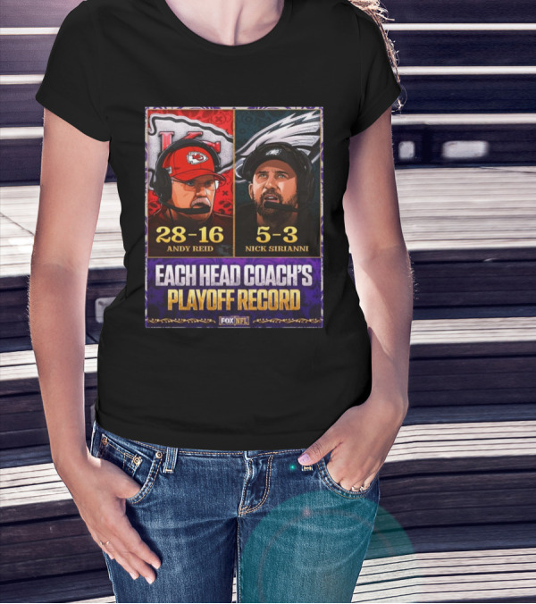 FOX NFL Andy Reid Chiefs 28-16 Nick Sirianni Eagles 5-3 Playoff Record T-Shirt