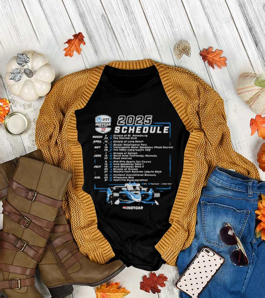 2025 NTT INDYCAR Series Event Dates and Locations Featuring Iconic Race Car T-Shirt