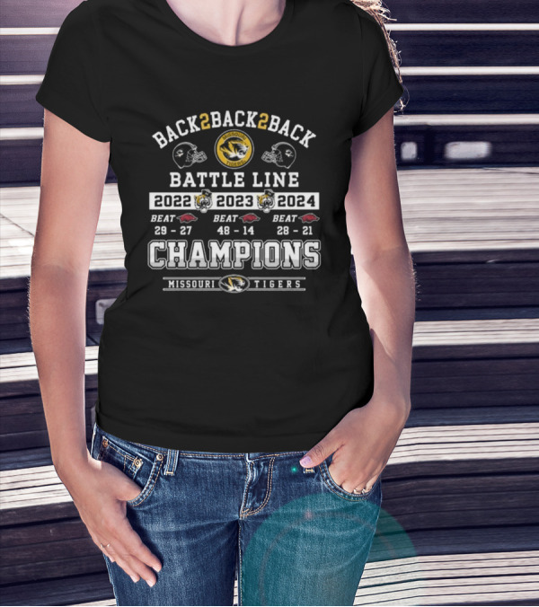 Back 2 Back 2 Back Battle Line Champions Missouri Tigers 2022 2023 2024 Beat 20-27 48-14 28-21 T-Shirt