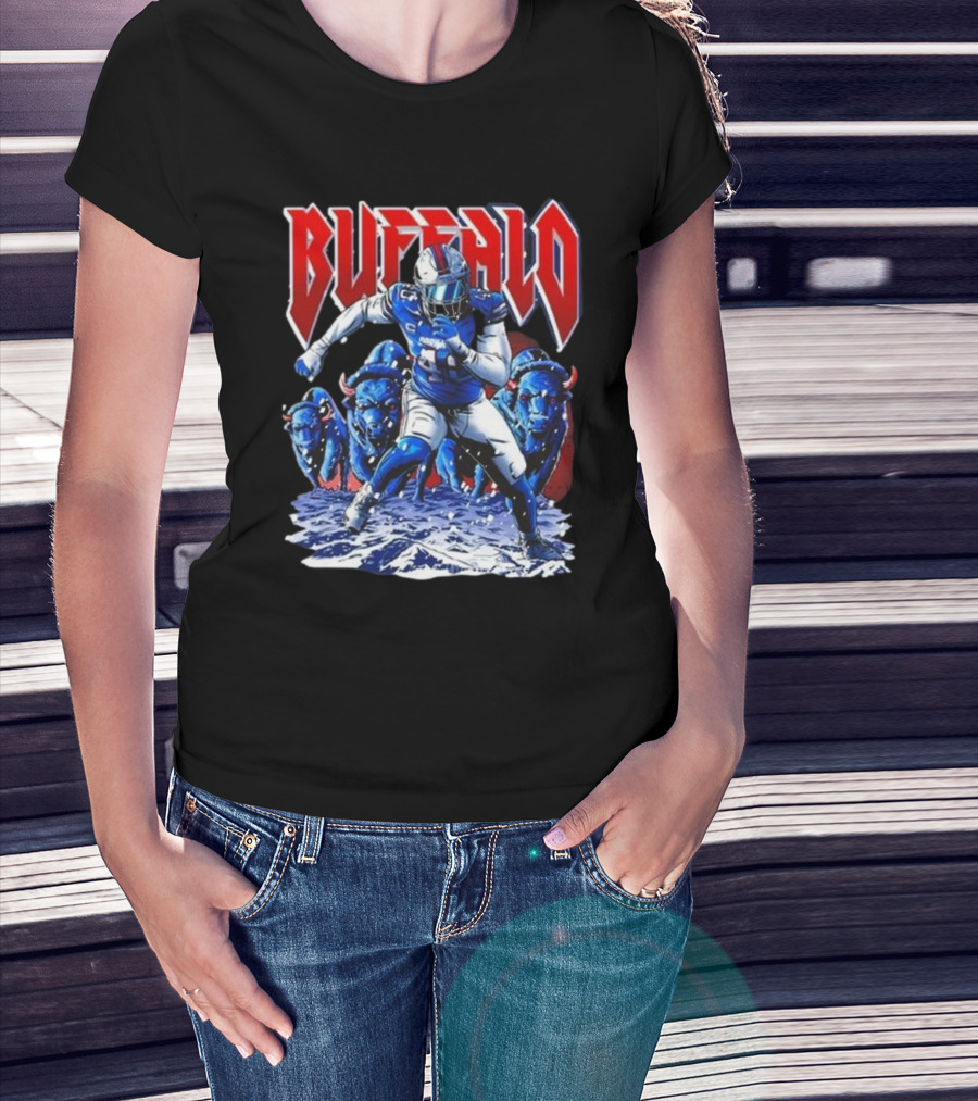Buffalo Bills Von Miller 2025 Charging Through The Frozen Field With Blue Bison Herd T-Shirt