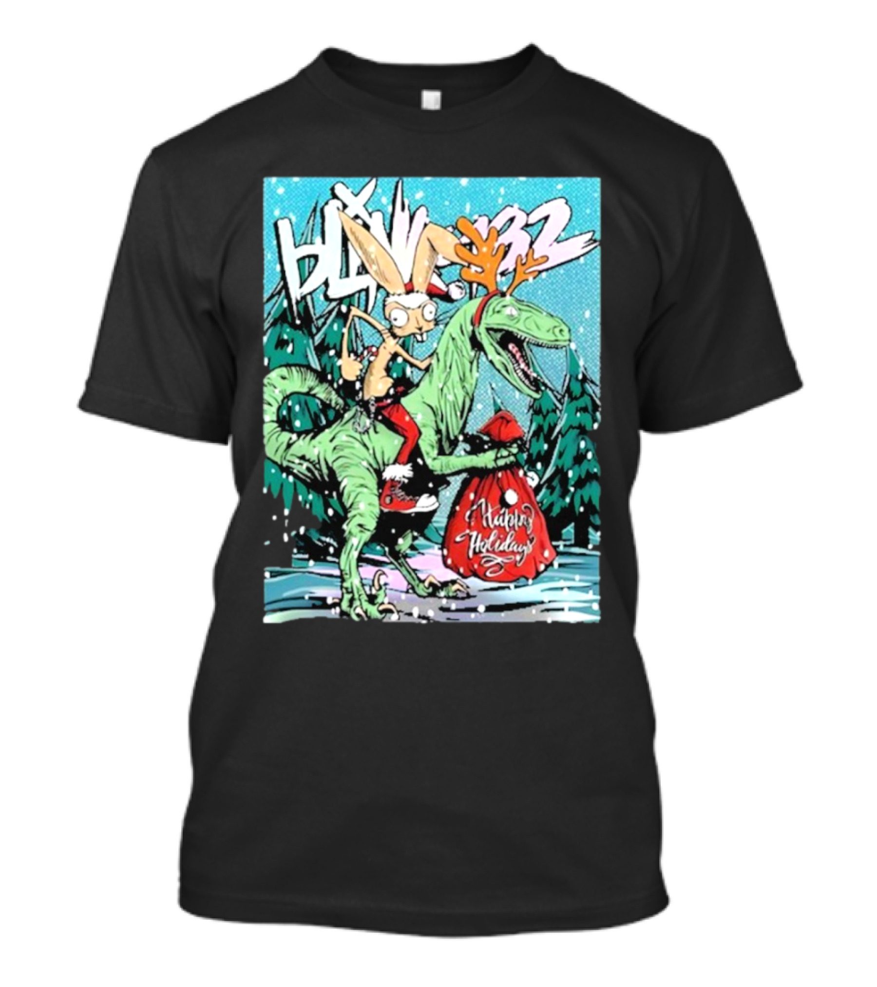Blink-182 Happy Holidays Dinosaur Christmas Rabbit Reindeer Santa Sack T-Shirt