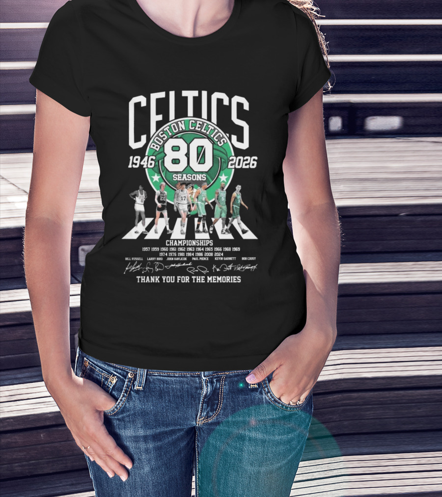 Boston Celtics 80 Seasons 1946-2026 Thank You For The Memories 80 Championships Signatures Walking T-Shirt