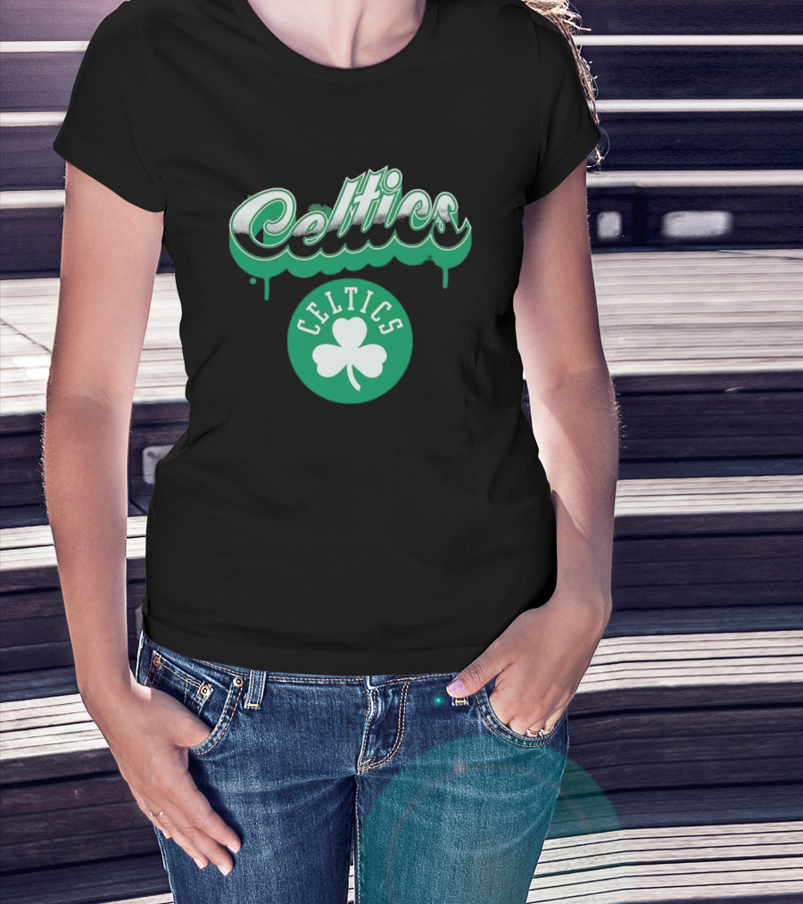 Boston Celtics Bubbly Script Green Clover Emblem T-Shirt