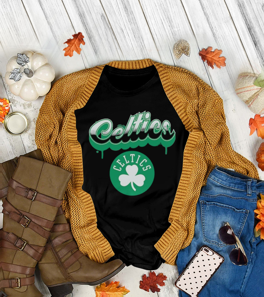 Boston Celtics Bubbly Script Green Clover Emblem T-Shirt