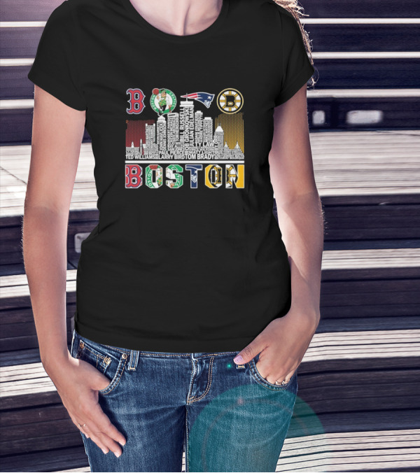 Boston Red Sox Celtics Patriots Bruins Skyline Players Names T-Shirt