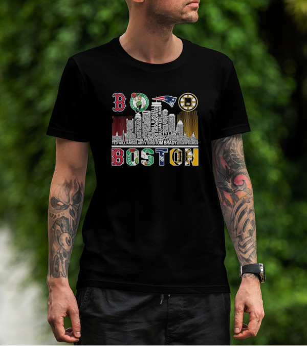 Boston Red Sox Celtics Patriots Bruins Skyline Players Names T-Shirt