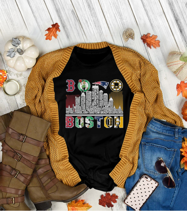 Boston Red Sox Celtics Patriots Bruins Skyline Players Names T-Shirt