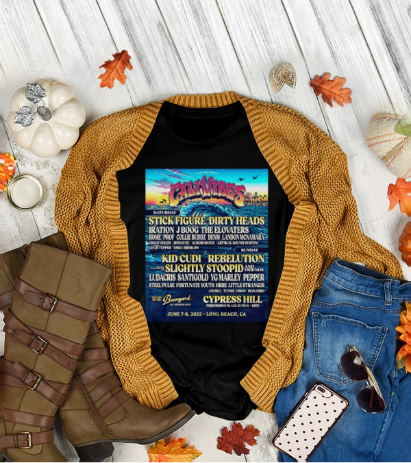 Cali Vibes June 7 8 2025 Long Beach CA Saturday Stick Figure Dirty Heads Sunday Kid Cudi Rebelution Slightly Stoopid T-Shirt
