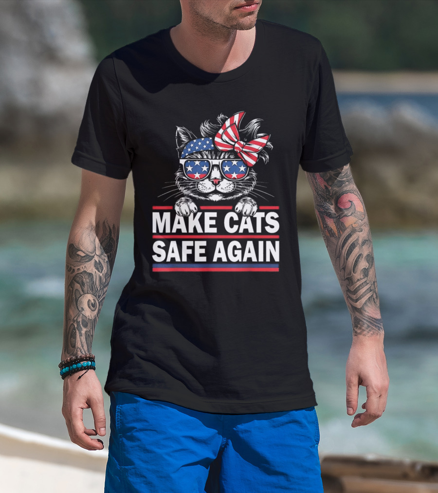 Cats Safe Again Funny Cat Lover USA Flag T-Shirt
