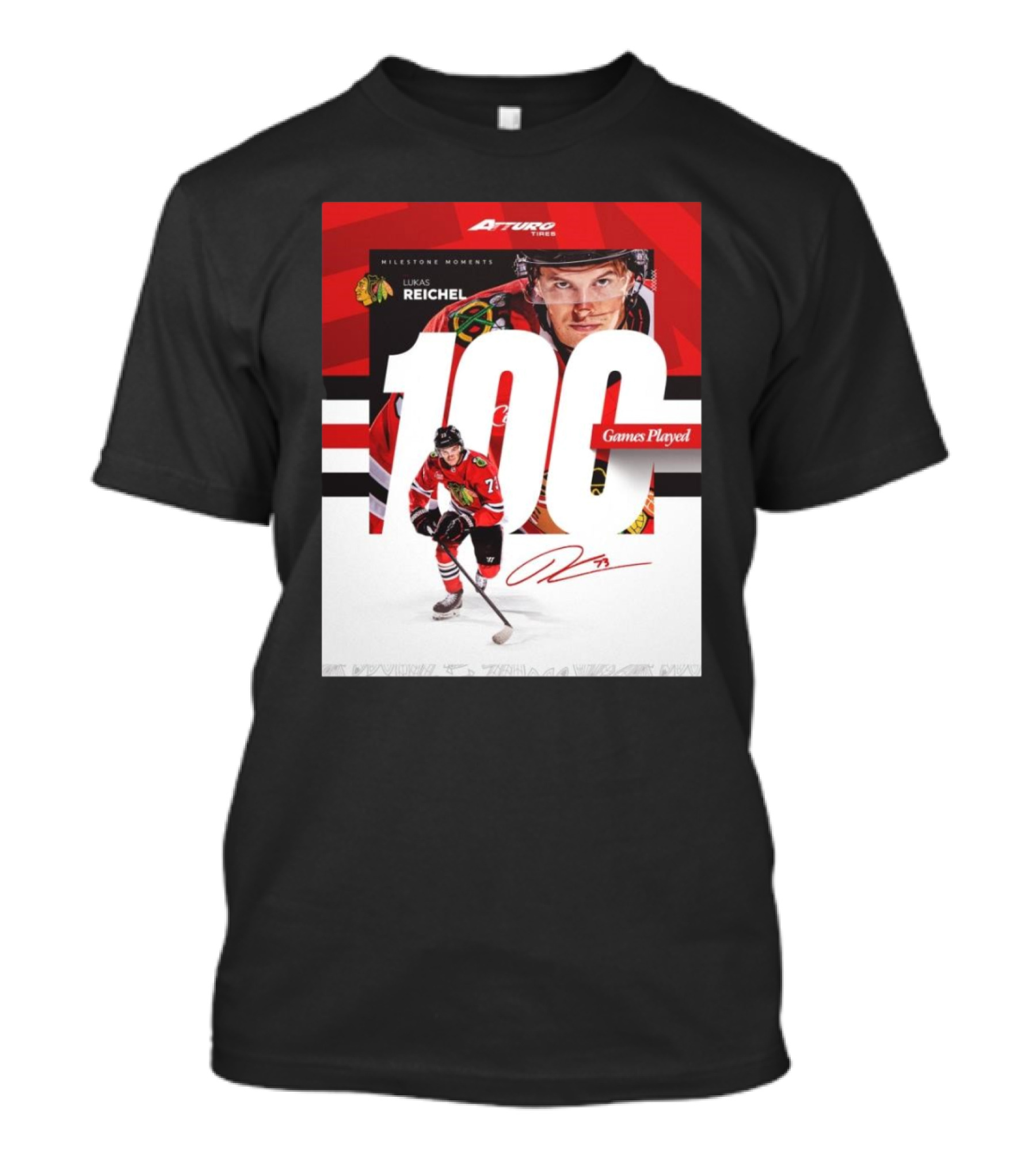 Chicago Blackhawks Milestone Moments Lukas Reichel 100 Games Played Signature T-Shirt