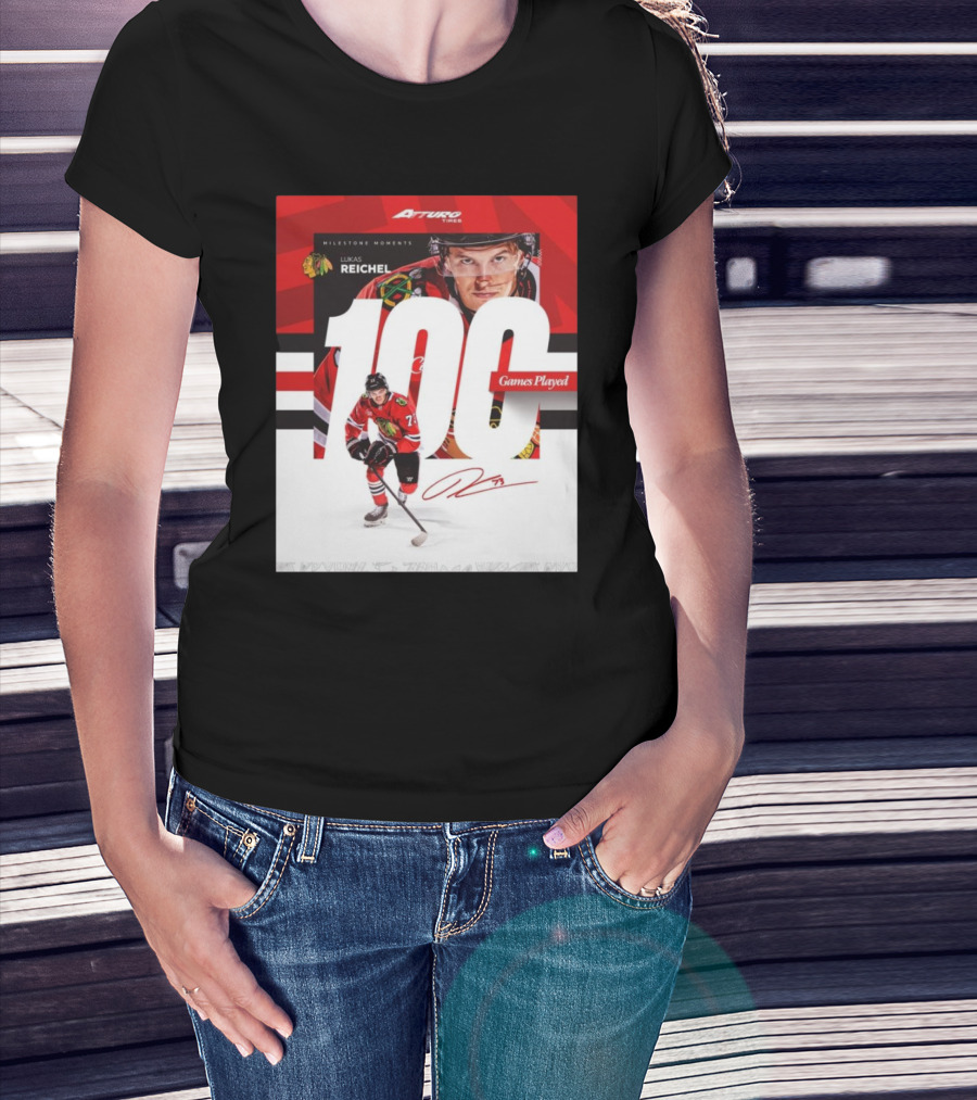 Chicago Blackhawks Milestone Moments Lukas Reichel 100 Games Played Signature T-Shirt