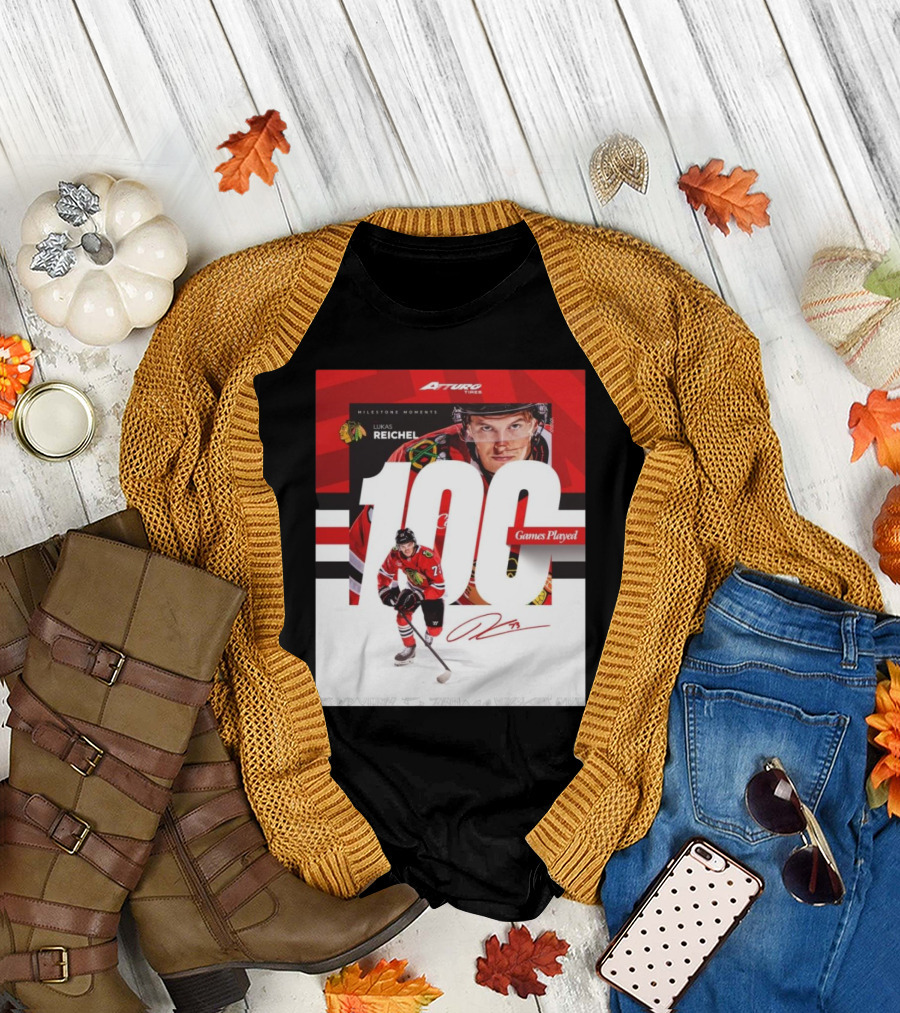 Chicago Blackhawks Milestone Moments Lukas Reichel 100 Games Played Signature T-Shirt