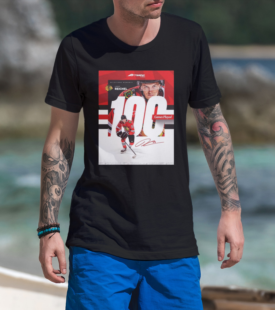 Chicago Blackhawks Milestone Moments Lukas Reichel 100 Games Played Signature T-Shirt