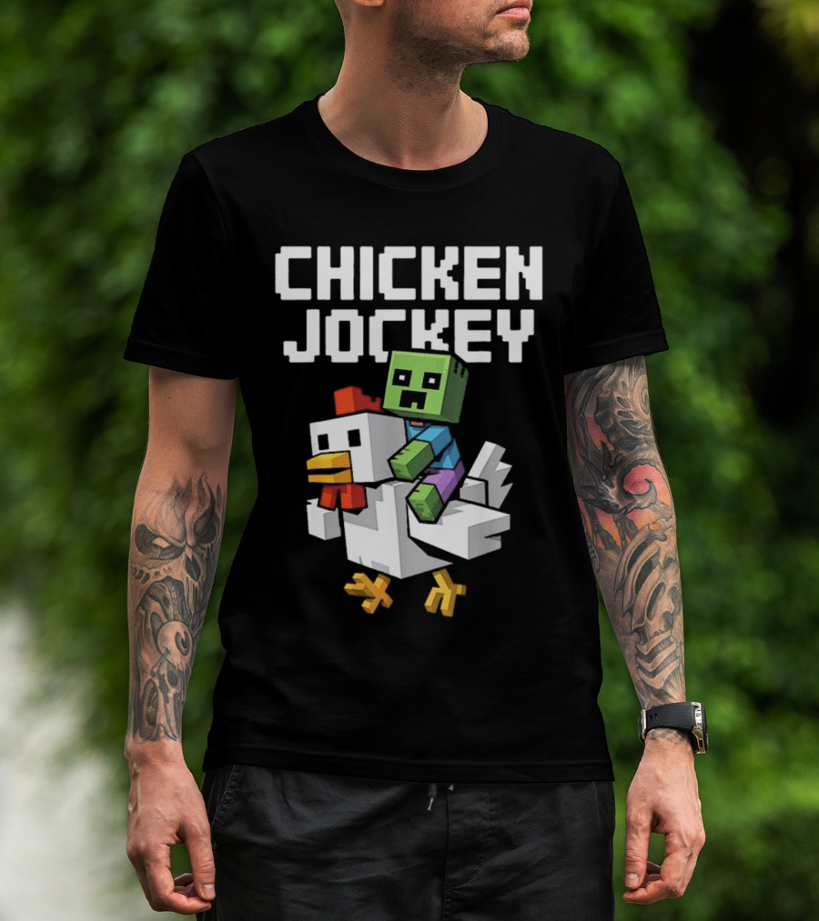 CHICKEN JOCKEY Pixelated Green Zombie Riding White Chicken T-Shirt