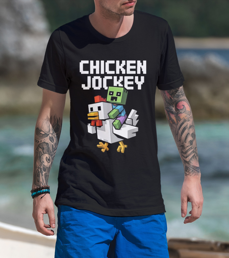 CHICKEN JOCKEY Pixelated Green Zombie Riding White Chicken T-Shirt