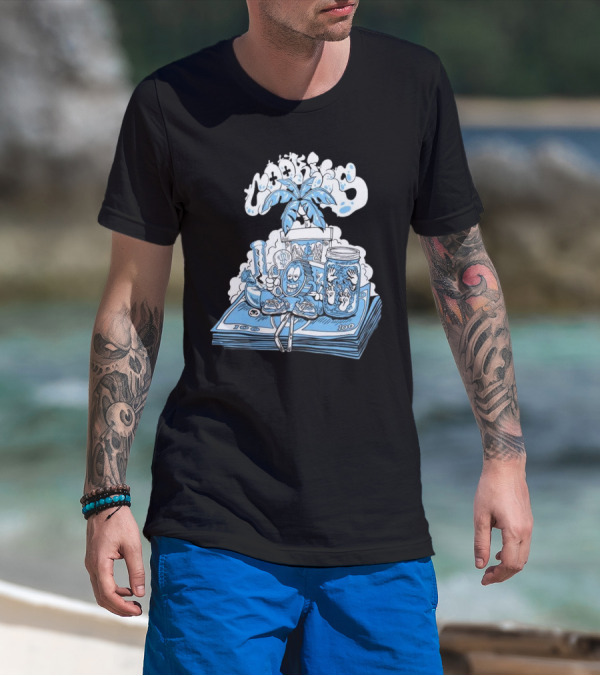 Cookiessf Laid Back Smoking Character With Money And Marijuana Elements T-Shirt