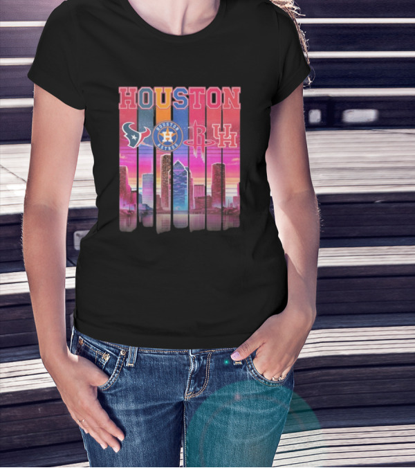 Houston Retro Skyline Texans Astros Rockets And Cougars T-Shirt