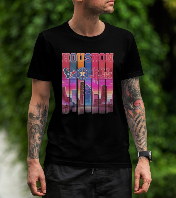 Houston Retro Skyline Texans Astros Rockets And Cougars T-Shirt