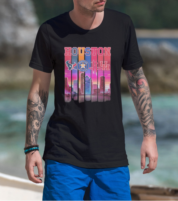 Houston Retro Skyline Texans Astros Rockets And Cougars T-Shirt