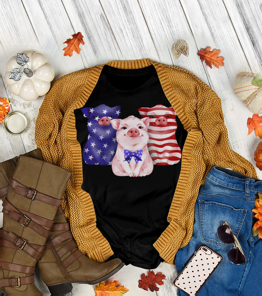 Pig Lover Independence Day USA Flag Stars and Stripes Trio T-Shirt