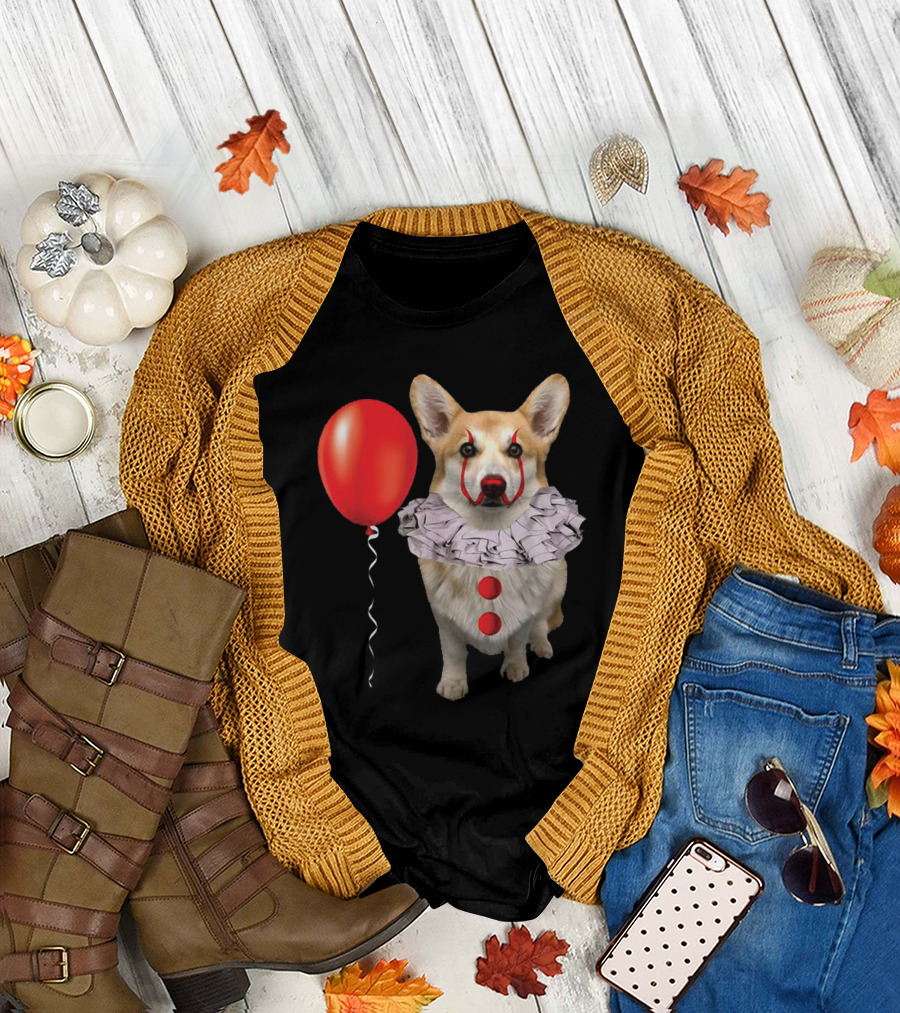 Pembroke Welsh Corgi Dog Clown with Red Balloon Inspired by IT Chapter Two T-Shirt