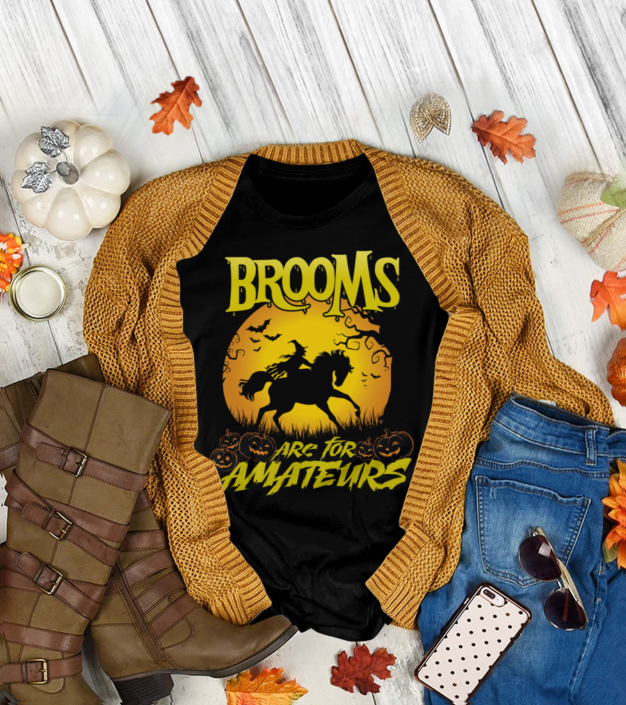 Brooms Are For Amateurs Funny Halloween Witch Riding Horse Against Moon With Pumpkins And Bats T-Shirt