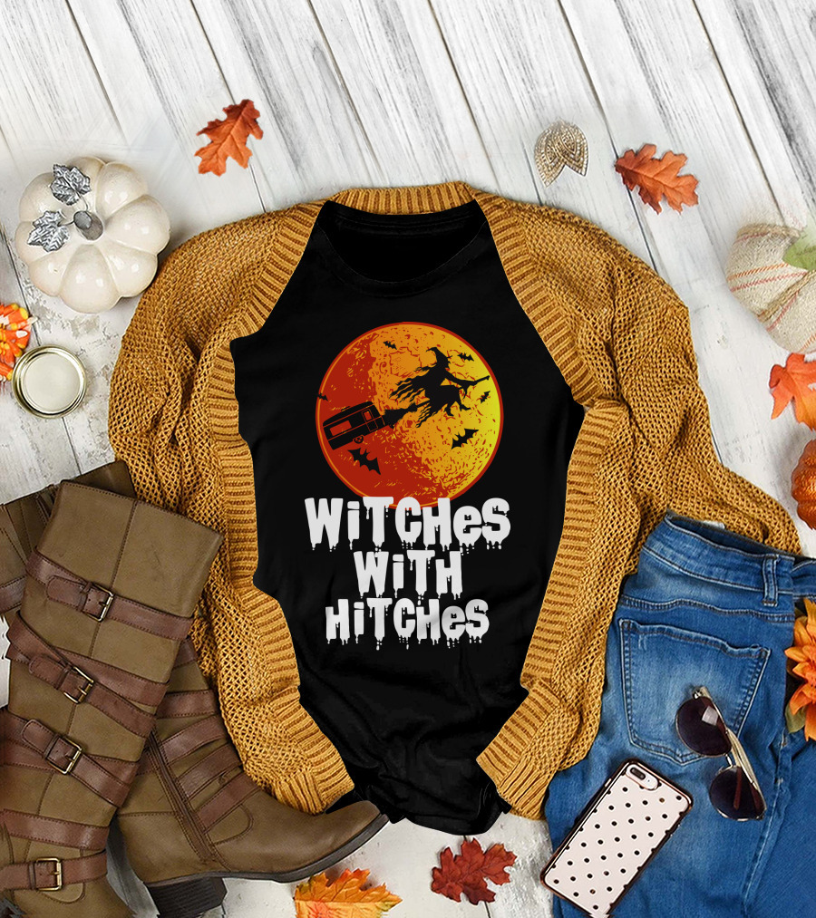 Witches with Hitches Halloween Moon and Bats T-Shirt