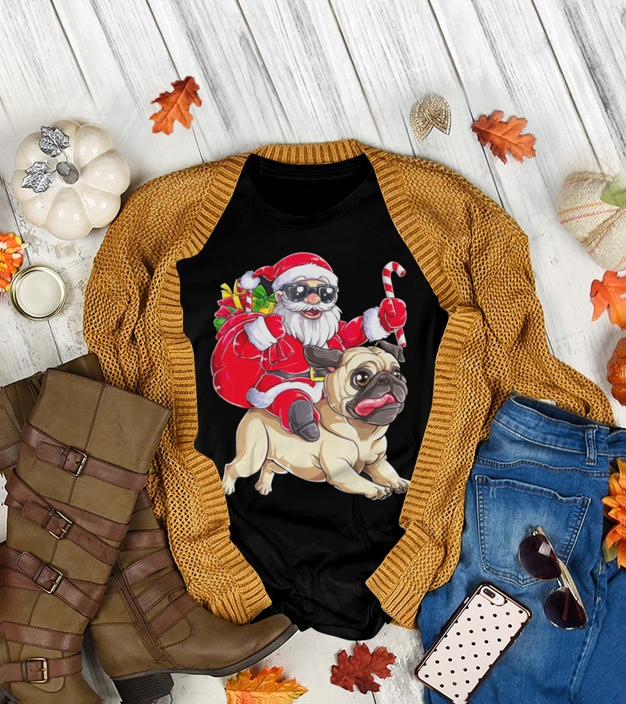 Santa Riding Pug with Candy Cane and Gifts T-Shirt