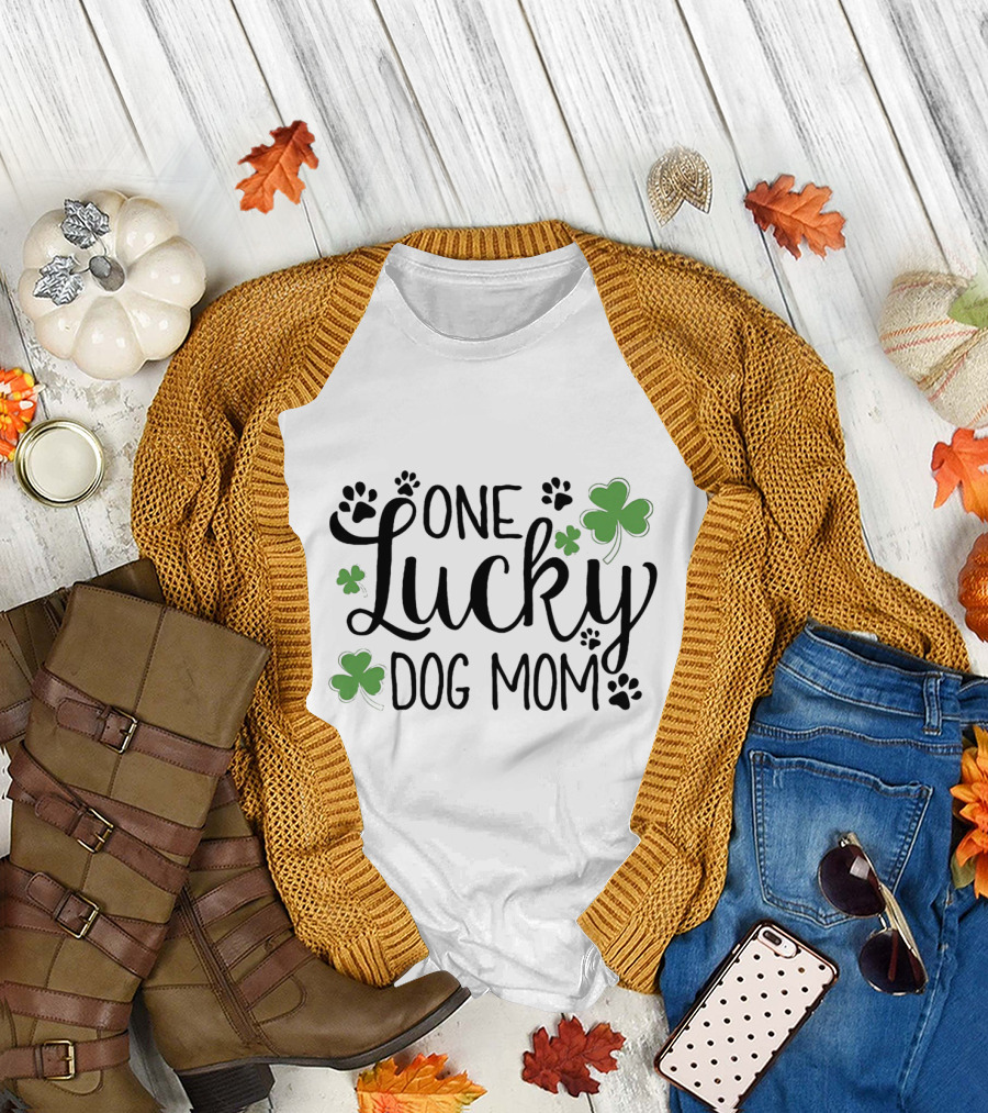 One Lucky Dog Mom with Shamrock and Paw Prints T-Shirt