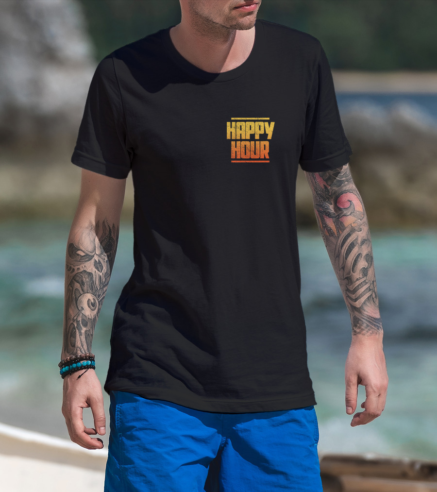 HAPPY HOUR Vintage Distressed Typography Bold Yellow Orange Gradient T-Shirt