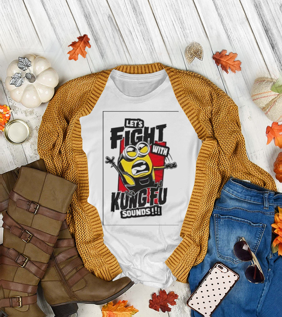 Minions Let's Fight Kung Fu Sounds Red Action Background T-Shirt