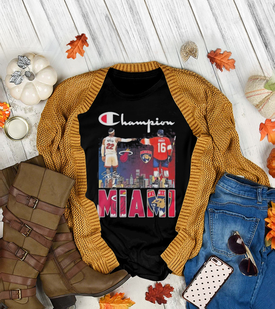 Champion Miami Skyline Signatures 22 Jimmy Butler 16 Aleksander Barkov Sports T-Shirt