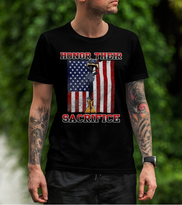 Honor Their Sacrifice Memorial Day American Flag Soldier Helmet Boot Rifle T-Shirt