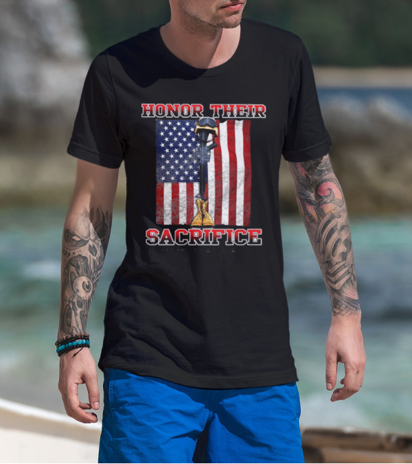 Honor Their Sacrifice Memorial Day American Flag Soldier Helmet Boot Rifle T-Shirt